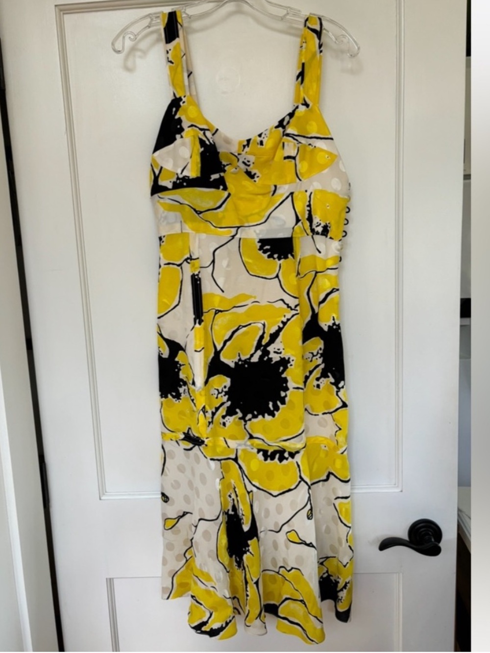 Tuleh NEW Silk Midi Dress Floral Print Yellow Black White Polka Dots Womens 6